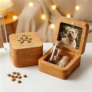 VEELU Scatola Ricordo Animali Domestici Personalizzata con Foto e Incisione, Box Memoriale in Legno con Flacone per Pelo e Ceneri di Cane e Gatto, Porta Ricordi Commemorativo