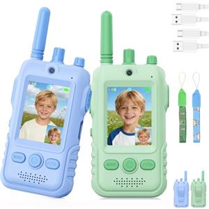 GREENKINDER Video Walkie Talkie Bambini, 2 Walkie Talkie Ricaricabili con Display, Telecamera HD& Modificatore Vocale, Lunga Portata, Regalo per Bambini e Bambine dai 3 ai 12 Anni