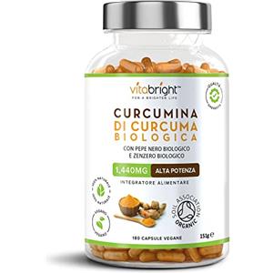 VitaBright Bio Curcuma Capsule con Pepe Nero e Zenzero 1440 mg | 180 Capsule | 3 Mesi di Fornitura | Fonte di Curcumina e Piperina | Integratore Alimentare Biologico | VitaBright Curcuma Longa Complex