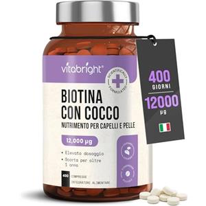 VitaBright Biotina Capelli 12.000 µg Ultra Forte | Scorta per 1 Anno | 400 Compresse | Con Estratto di Cocco | Contribuisce al Mantenimento di Capelli Normali | Donna e Uomo | VitaBright Biotin