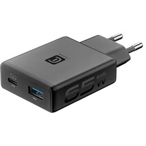 Cellularline Caricabatterie da rete Power Lite dual con tecnologia GaN+, doppia porta: USB-C 65 W Power Delivery e USB-A 18 W Quick Charge, design compatto, nero