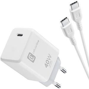 Cellularline kit caricabatterie da 40 W dotato di una porta USB-C Power Delivery e di un cavo da USB-C a USB-C da 100 cm per i dispositivi Apple, bianco