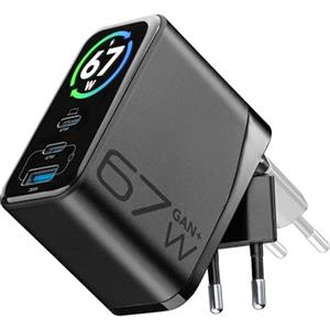 Cellularline PowerView IQ 67W Caricabatterie da Rete con Display TFT, 2 Porte USB-C PD e 1 Porta USB-A 30W, Uscita Simultanea 65W, Tecnologia GaN, Spina Pieghevole
