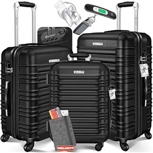 KESSER Set di 3 valigie rigide per trolley da viaggio, valigia da viaggio, valigia a rotelle, 4 ruote, in ABS, manico telescopico con bilancia e 3 ciondoli M-L-XL, Nero, Medium, Large, Extra Large