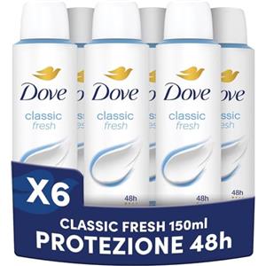Dove Deodorante Spray Classic, Spray Antitraspirante, Protezione Fino a 48 Ore, con 1/4 di Crema Idratante, Formula Delicata, Deodorante Uomo e Donna, 6x150ml