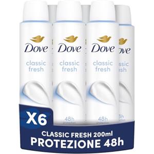 Dove Deodorante Spray, Classic Care, Deodorante Antitraspirante Spray, Protezione Fino a 48 Ore, con 1/4 di Crema Idratante, Formula Delicata, Deodorante Uomo e Donna, 6 Pezzi da 200 ml