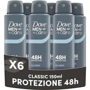 Dove Men + Care Dove Men+Care Deodorante Spray Classic, Antitraspirante Uomo, Protezione Fino a 48 Ore, Formula Delicata sul Microbioma della Pelle, Senza Alcol, Profumazione Fresca, 6x150ml