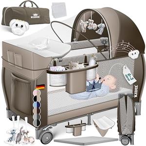 KIDIZ® Lettino per bambini 3in1, Lettino da viaggio, Set - Lettino con fasciatoio, Zanzariera, Pareti laterali aerate, Navicella, pieghevole, fino a 15 kg, Marrone
