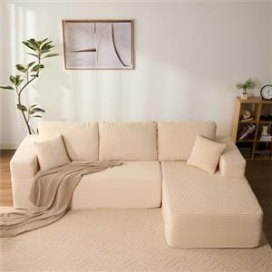 Litbird Divano Angolare 3 Posti, Forma L Destra, Velluto a Coste, Beige
