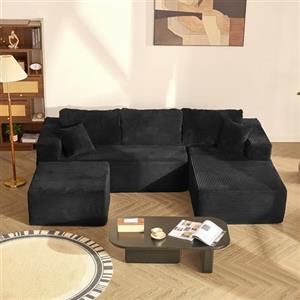 Litbird Divano angolare modulare a forma di L con chaise longue a sinistra - Struttura morbida senza telaio rigido, seduta extra profonda in velluto a coste (Nero, U · Destra (fronte))