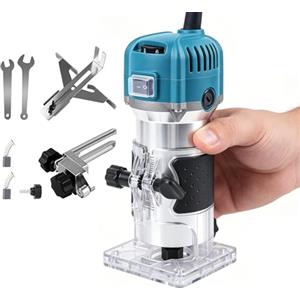 QIAKEFE Affilatrice per legno, tagliatrice elettrica, tagliatrice trimmer router fresatrice elettrica strumento per legno 800 W 30000 giri/min, pinza 6,35 mm, 6 velocità, 1 coltello dritto