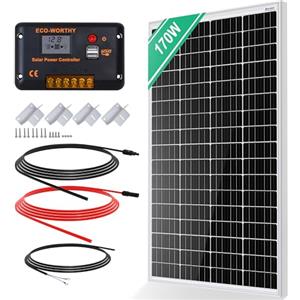ECO-WORTHY Kit Pannello Solare da 12 V 170 W,con Regolatore di Carica da 30 A, Cavo Fotovoltaico da 5 m*2 + Supporti, Kit Pannello Fotovoltaico Indipendente Dalla Rete, Adatto per Camper, Barca, Casa