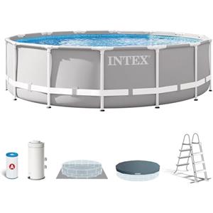 Intex 26720NP - Piscina Fuori Terra Prisma Frame Rotonda, Pompa Filtro 3785 L/h, Scaletta, Telo Base e Copertura, 12706 L, Acciaio e PVC, Grigio, 427x107 cm
