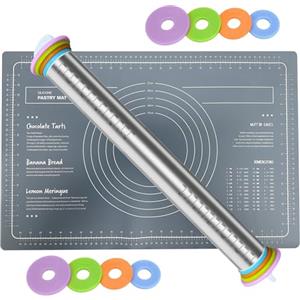 NEXROLA Mattarello con Spessori, Mattarello Acciaio Inox Piccolo Antiaderente, con 4 Dischi Regolabili e Silicone Tappetino da Forno, 42 x 6,5 cm