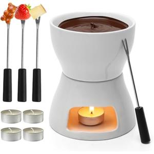 FARYODI Set di fonduta di cioccolato con 4 forchette, fonduta di cioccolato 400 ml per cioccolato e formaggio, ciotola in ceramica per 4 persone