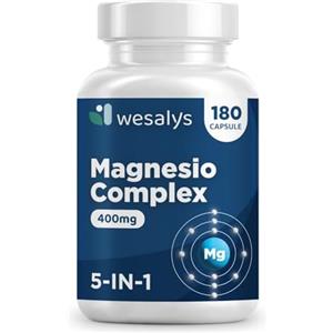 WESALYS Magnesio Completo 400mg, 180 Capsule, Magnesium Complex 5 in 1, Bisglicinato, Citrato, Pidolato, Malato e Carbonato, Contribuisce a Ridurre la Stanchezza e l'Affaticamento