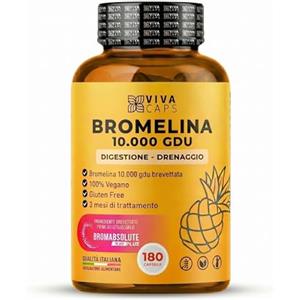 VIVACAPS Bromelina forte drenante 10000Gdu con BromaAbsolute® 180 cps gastroprotette, bromelina pura drenante forte supporto per digestione e liquidi corporei - Made in Italy