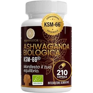 MANIFESTOR Ashwagandha KSM-66® BIO 210 Capsule Vegane - Withania Somnifera Pura ad Alta Concentrazione - Supporto Equilibrio Mentale, Rilassamento e Benessere Quotidiano