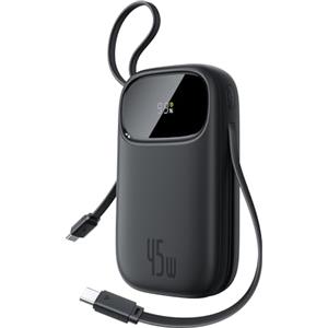 Baseus Powerbank 45W 20000mAh con 2 Cavi USB-C Integrati, Ricarica Rapida Power Bank PD3,0 QC4,0, 3 C 1 A, Caricatore Portatile per iPhone 17/16/15 Pro Max, iPad, Samsung, Nero