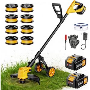 reffmov Decespugliatore a Batteria con Ruota, 36CM Tagliaerba a Batteria con 2 × 3,0 Ah Batteria e Caricatore, Motore Brushless da 800W, 3 in 1 Decespugliatore Elettrico con 8 Bobine di Ricambio per Giardino