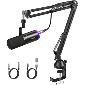 TONOR Microfono Gaming USB/XLR con Supporto da Braccio, Microfono PC Dinamico RGB per Twitch, Streaming, Podcasting, Discord, Microfono in metallo Cardioide per Mac Android, 200cm,TD520S+