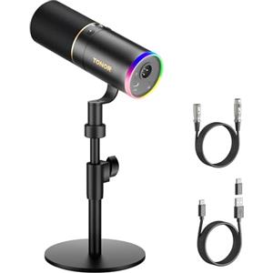 TONOR Microfono Gaming USB/XLR, Microfoni PC Dinamico per Gamer, Podcasting, Streaming, Pulsante Mute, Jack per Cuffie, Mic per Cardioide in Metallo per Mac Android, RGB, 200cm,TD520S