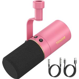 TONOR Microfono USB/XLR Dinamico per Podcasting con Supporto per Tavolo, PC Gioco Streaming Microphone, 3.5mm jack, Pulsante Mute, per Canto, Regisrazione, YouTube, Gaming, ASMR, Rosa, TD520
