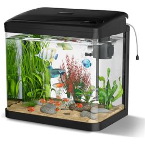 GuKKK Acquario Piccolo in Vetro, GuKKK Completo Acquarios Per Pesci Rossi Tartarughe D'acqua con Illuminazione a LED e Sistema di Filtraggio,Nero,Set Per Principianti Mini Acquario Completo (6L)