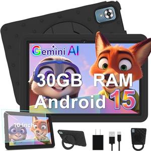 DMOAO Tablet per bambini 10 pollici Android 15 con 30 GB di RAM, 5G WiFi 6, controllo parentale, 8-core, 8 MP + 5 MP, 6000 mAh, tablet per bambini con custodia protettiva EVA + supporto girevole a 360