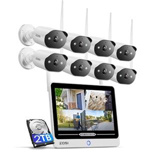 ZOSI 2K Kit Telecamera di Sorveglianza WiFi6 Monitor All-in-One 8CH 2TB con Schermo 12", Telecamere 2K HD, Registrazione 24/7 senza Abbonamento, Allarme IA Persona, Accesso remoto Visione Notturna