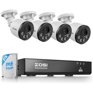 ZOSI 4K Kit Telecamera di Sorveglianza PoE per Esterno, 8CH NVR 2TB HDD, Rilevamento Umano e Avviso Istantaneo, Accesso Remoto, Visione Notturna e Registrazione 24/7