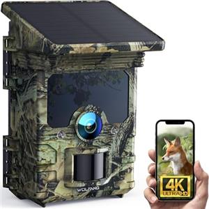 WOLFANG Fototrappola 68MP 4K 30Fps, Solare Wifi Bluetooth e App Fotocamera Caccia con Batteria Ricaricabile da 5200mAh, Visione Notturna Impermeabile IP66, Tempo di Scatto 0,1s
