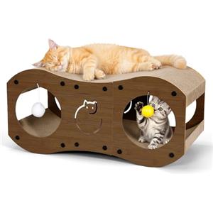 Gimars Casetta Tiragraffi per Gatti 3-in-1, Cuccia e Lettino Tiragraffi in Cartone Ondulato con Palline Gioco, Protezione Mobili e Divani, Stile Legno, 59.5 x 29.5 x 28 cm