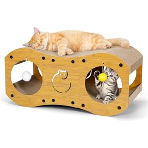 Gimars Casetta Tiragraffi per Gatti 3-in-1, Cuccia e Lettino Tiragraffi in Cartone Ondulato con Palline Gioco, Protezione Mobili e Divani, Stile Legno, 59.5 x 29.5 x 28 cm