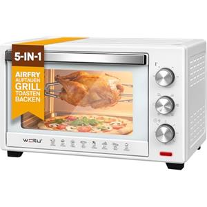 WOLTU Forno per Pizza da 32L, Fornetto Elettrico Piccolo con Girarrosto, 4 Resistenze, Timer 60 min, Temperatura 100-230°C, 1600W, Porta con Doppi Vetri, Bianco