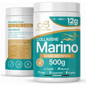 EternaVea Collagene Marino con Acido Ialuronico 12g di Collagene 500g in Polvere - Idrolizzato Puro Tipo I - Integratore Capelli Pelle Unghie Muscoli - Gusto Neutro