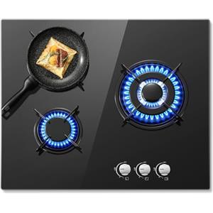 SNDOAS Piano Cottura Gas, Piano Cottura 3 Fuochi Gas Vetro con Protezione Automatica Della Fiamma, Gas Naturale e Gas Propano, Incorporato, Nero, 6180 W, 220-240 V