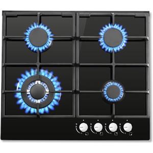 SNDOAS Piano cottura 4 fuochi gas, Piano cottura a Gas incassato con Protezione Automatica della fiamma, 8060W Nero Fornello a Gas Vetro con Vetro Temperato, Gas naturale/Propano