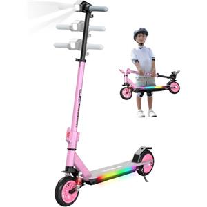 RCB R12 MAX Monopattino Elettrico per Bambini 6-12 Anni, Max 18Km/h & 15 km, Sospensione,Manubrio Regolabile, Luce Arcobaleno, 7" Pieghevole E-Scooter,Display a LED, Regalo per Bambini (Rosa)