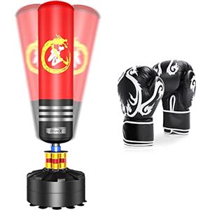 Dripex Sacco Boxe da Terra, 175cm Sacco da Boxe Autoportante MMA con Base a 12 Potenti Ventose, Riempibile Sabbia 80 kg/Acqua 60 KG per Adulti Giovani con i Guantoni da Boxe Rosso