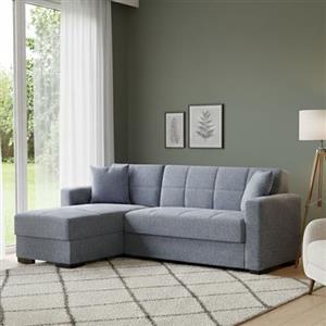 Dmora Divano Letto con penisola Fernando, Divano ad Angolo Reversibile, Sofà Contenitore da Soggiorno con Chaise Longue e 2 Cuscini, 230x150h81 cm, Grigio