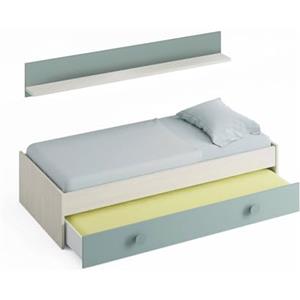 Dmora - Letto per bambini Lubbock, Struttura letto per cameretta, Letto con lettino estraibile e mensola, 201x98h43 cm, Bianco e Verde acqua