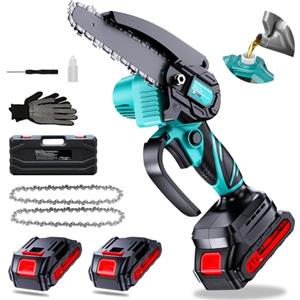 Olubfdh Mini Motosega a Batteria Con 2×2000mah Batterie e Caricatore Rapido, 550W 6 Pollici Motosega Elettrica Con Pompetta Olio e Blocco di Sicurezza Per il Taglio Del Legno e Giardini