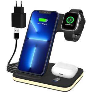 Jewan Caricatore Wireless Stazione di Ricarica, 3 in 1 Caricabatterie Wireless Charger Base per iPhone 16/15/14/13/12/11/Pro/Max/X/8/Plus, per Apple Watch 10/9/Ultra/8/7/6/SE/5/4/3/AirPods Pro 4 3 2