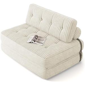 Xbro Divano Letto Matrimoniale 2 Posti 180x130 cm Pieghevole Salvaspazio in Velluto a Coste con Poggiatesta, Compatto per Soggiorno e Ospiti, Beige
