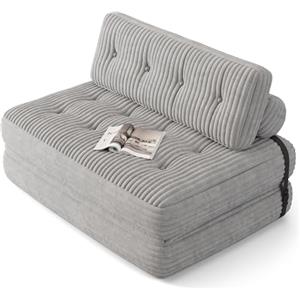 Xbro Divano Letto Matrimoniale 2 Posti 200x130 cm Pieghevole Salvaspazio in Velluto a Coste con Poggiatesta, Compatto per Soggiorno e Ospiti, Grigio Chiaro