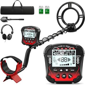 AMIPOW Metal Detector per Adulti Professionali, 5 Modalità ad Alta Precisione, Bobina Impermeabile 10in IP68 Lunghezza Regolabile 107-130 cm con Schermo LCD Ideale per Principianti e Esperti-rosso