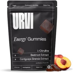 URVI® Energy - Integratore alimentare in caramelle gommose - L-Citrullina, Estratto di Barbabietola e Cordyceps - Riboflavina (Vitamina B2) - Senza Caffeina - Vegane - Senza Glutine - 60 caramelle