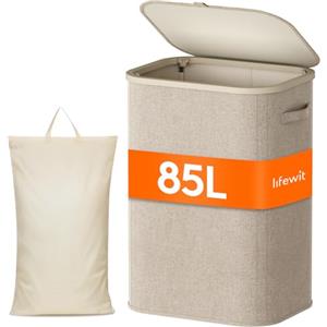 Lifewit Cesto Portabiancheria, Cesta Panni Sporchi con coperchio, Laundry Basket con Plastica Manici, Porta Biancheria Sporca per Bagno, Lavanderia, Camera da Letto, 85 L, Beige