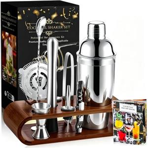 izdeel Cocktail Shaker con Supporto &Ricettario, Kit Barman Professionale da 750ml, Acciaio di Qualità Premium da 10pc per Regali per Uomini, Donne, Amanti dei Cocktail, Set da Barista per Feste da Bar